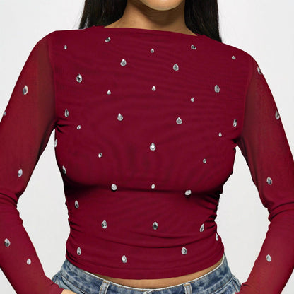 Rhinestone Mesh Solid Color Long Sleeve Blouse