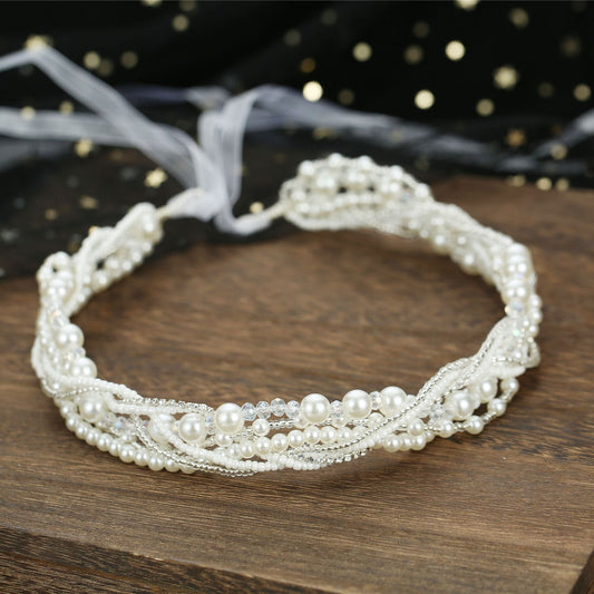 Elegant Bride Handmade Beaded Headband with Crystal Detail