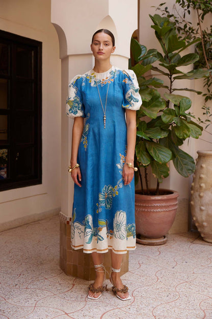 Floral Print Linen Lantern Sleeve Dress Elegant Casual Fit