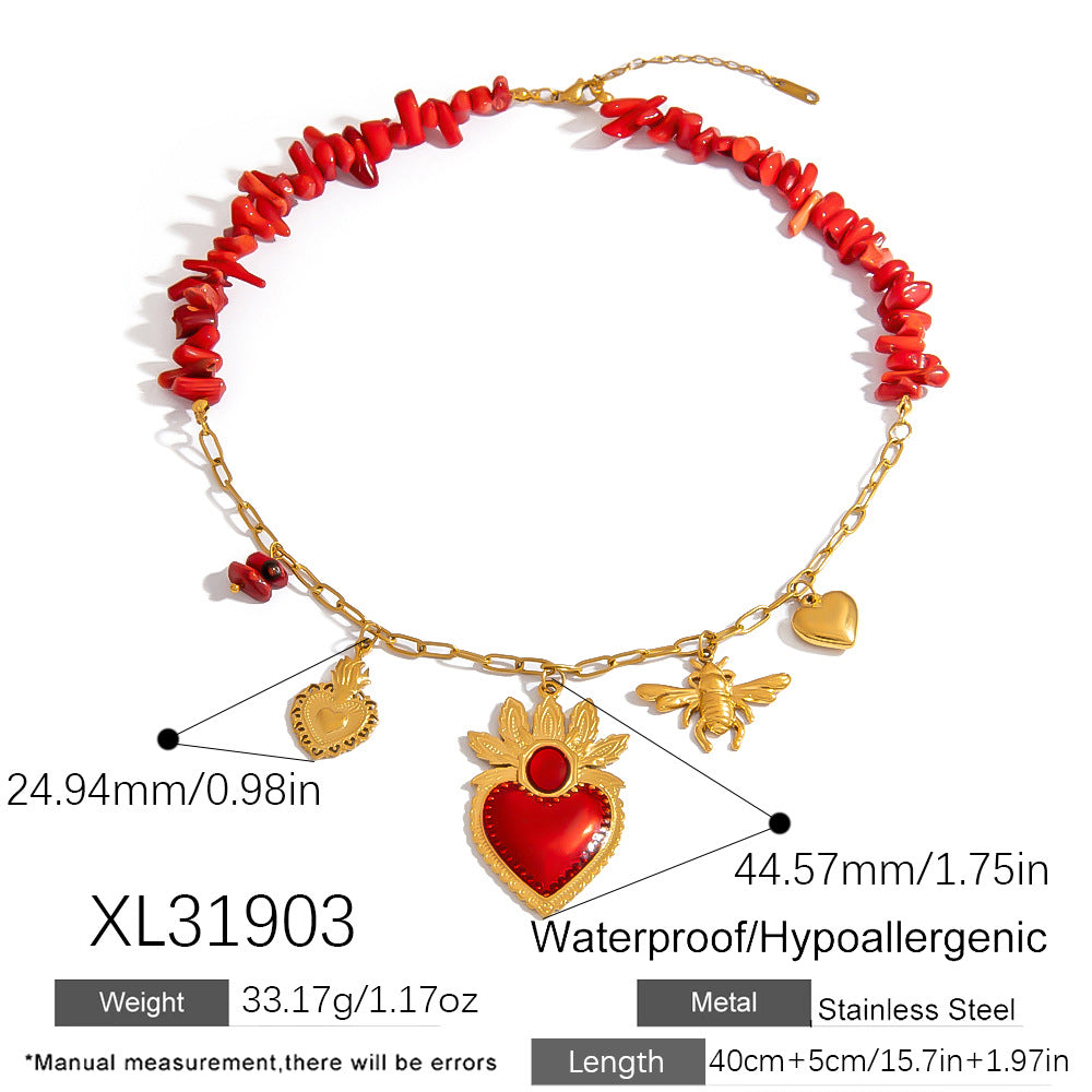 DIY Coral Branch Heart Pendant Stainless Steel Necklace