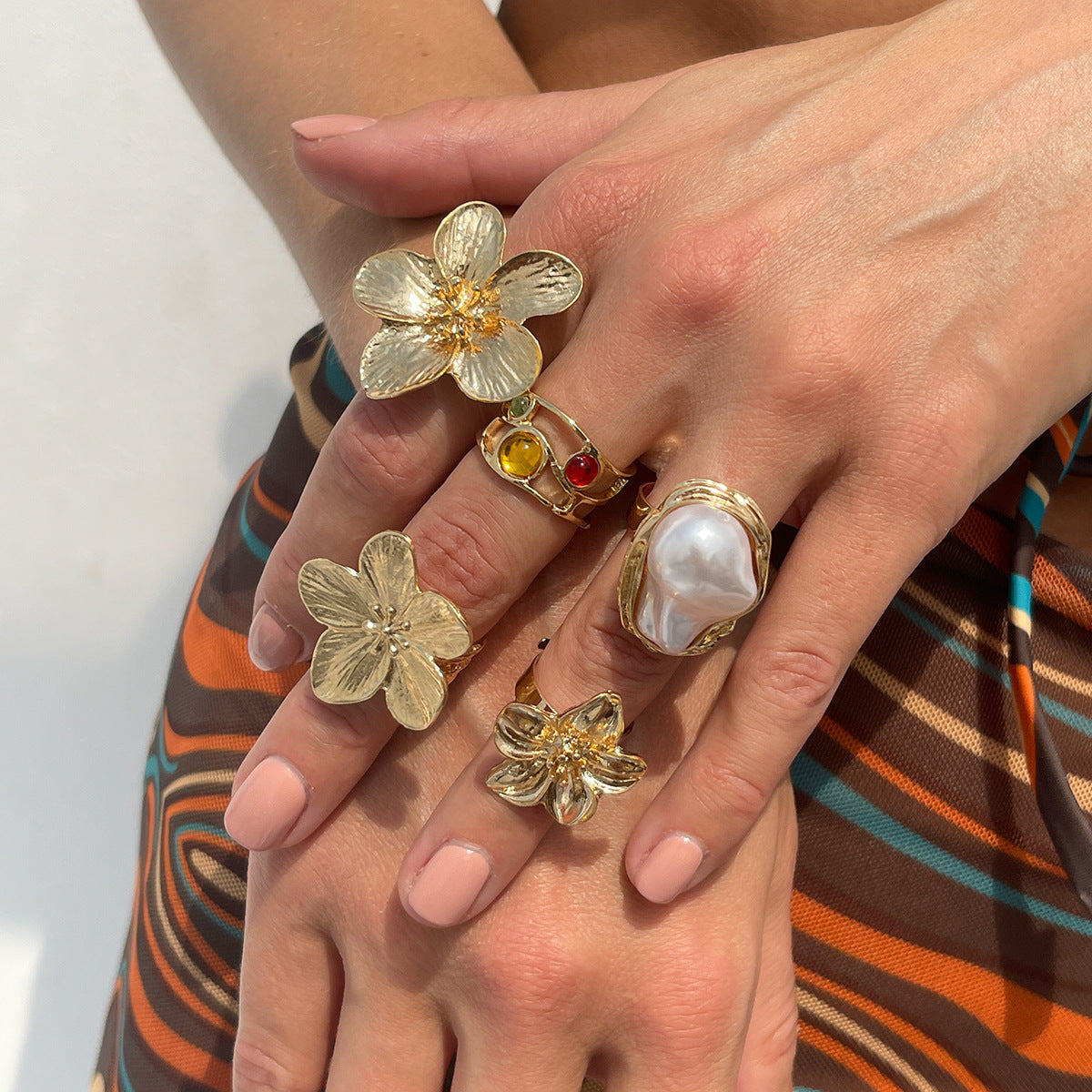 Baroque-Inspired Pearl And Gemstone Ring With Floral Design
