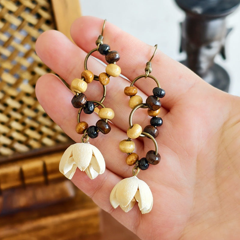 Botanical Pattern Wooden Bead Dangle Earrings