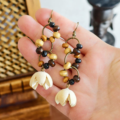 Botanical Pattern Wooden Bead Dangle Earrings