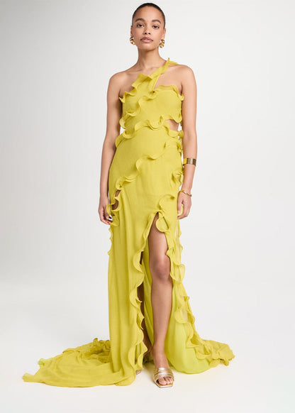 One Shoulder Ruffle Slit Chiffon Gown Yellow