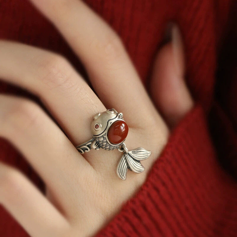 925 Silver Retro New Tibet Style Lucky Little Fat Fish Koi Ring
