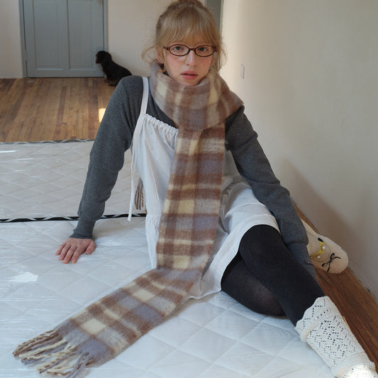 Plaid Wool Blend Scarf with Fringes for Women