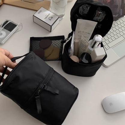 Solid Color Nylon Round Makeup Bag Portable Durable Commuter Tote