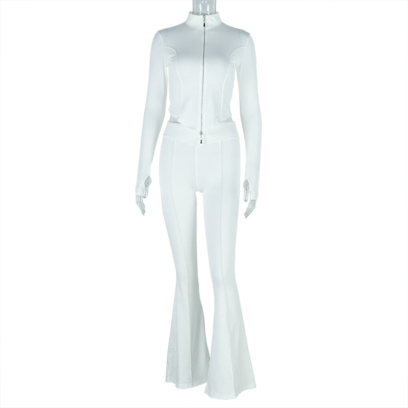 Fitted Cropped Top And Loose Fit Pants Set With Zipper