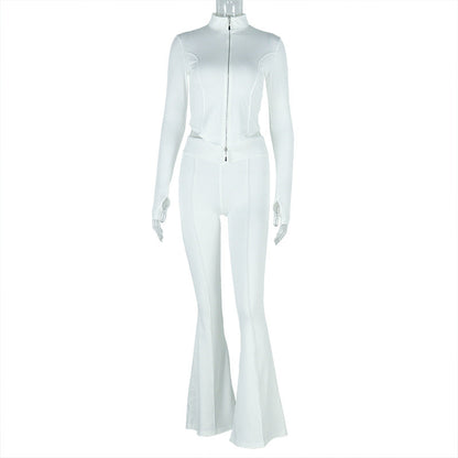Fitted Cropped Top And Loose Fit Pants Set With Zipper