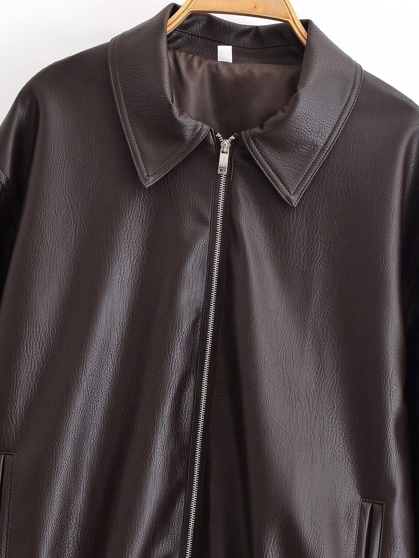 Simple Zipper Lapel Oversize Leather Jacket