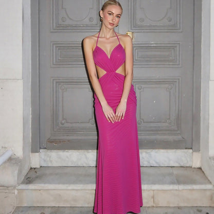Backless Halter Long Dress In Solid Fuchsia