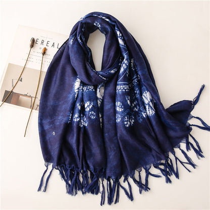 Dyed Blue And White Porcelain Series Cotton And Linen Scarf Travel Shawl Literary Accessories
