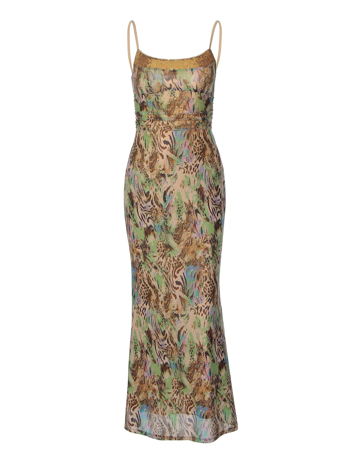 Fashionable Abstract Print Double-Layer Maxi Dress with Hollow Back