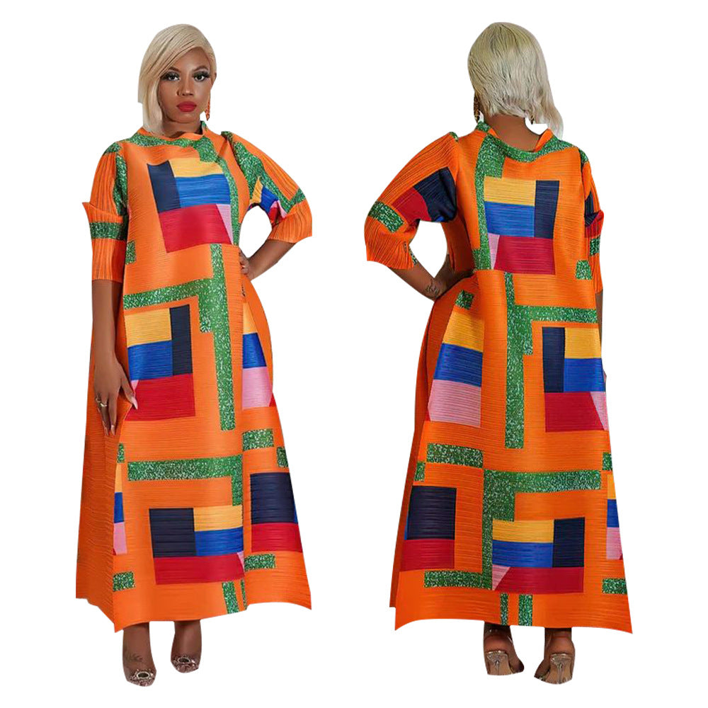 Fashionable Pleated Dress With Round Neck Print