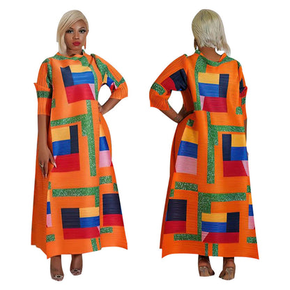 Fashionable Pleated Dress With Round Neck Print