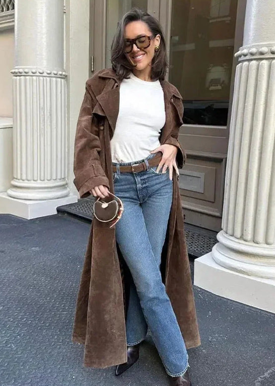 Velvet Suede Trench Coat With Tailored Fit