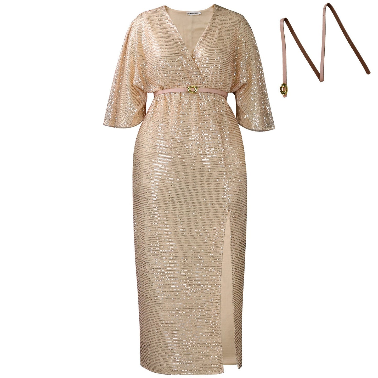 V-Neck Sequin Maxi Dress With Belt For Elegant Occasions