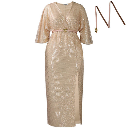 V-Neck Sequin Maxi Dress With Belt For Elegant Occasions