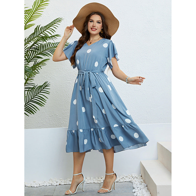 V-Neck Tie Waist Dress with Ruffled Sleeves