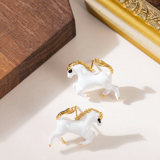 Elegant Enamel Horse Zodiac Stud Earrings For Women