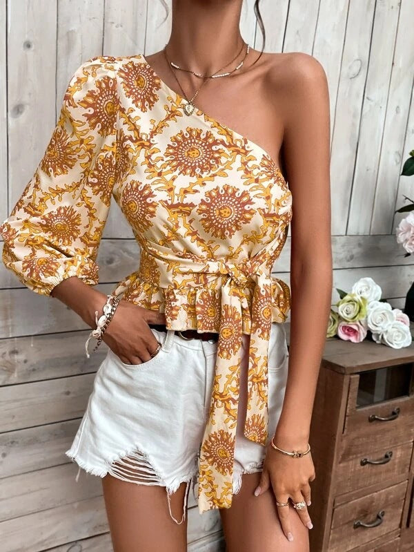 Mandala Print One Shoulder Balloon Sleeve Ruffle Hem Tie Shirt Tie Top