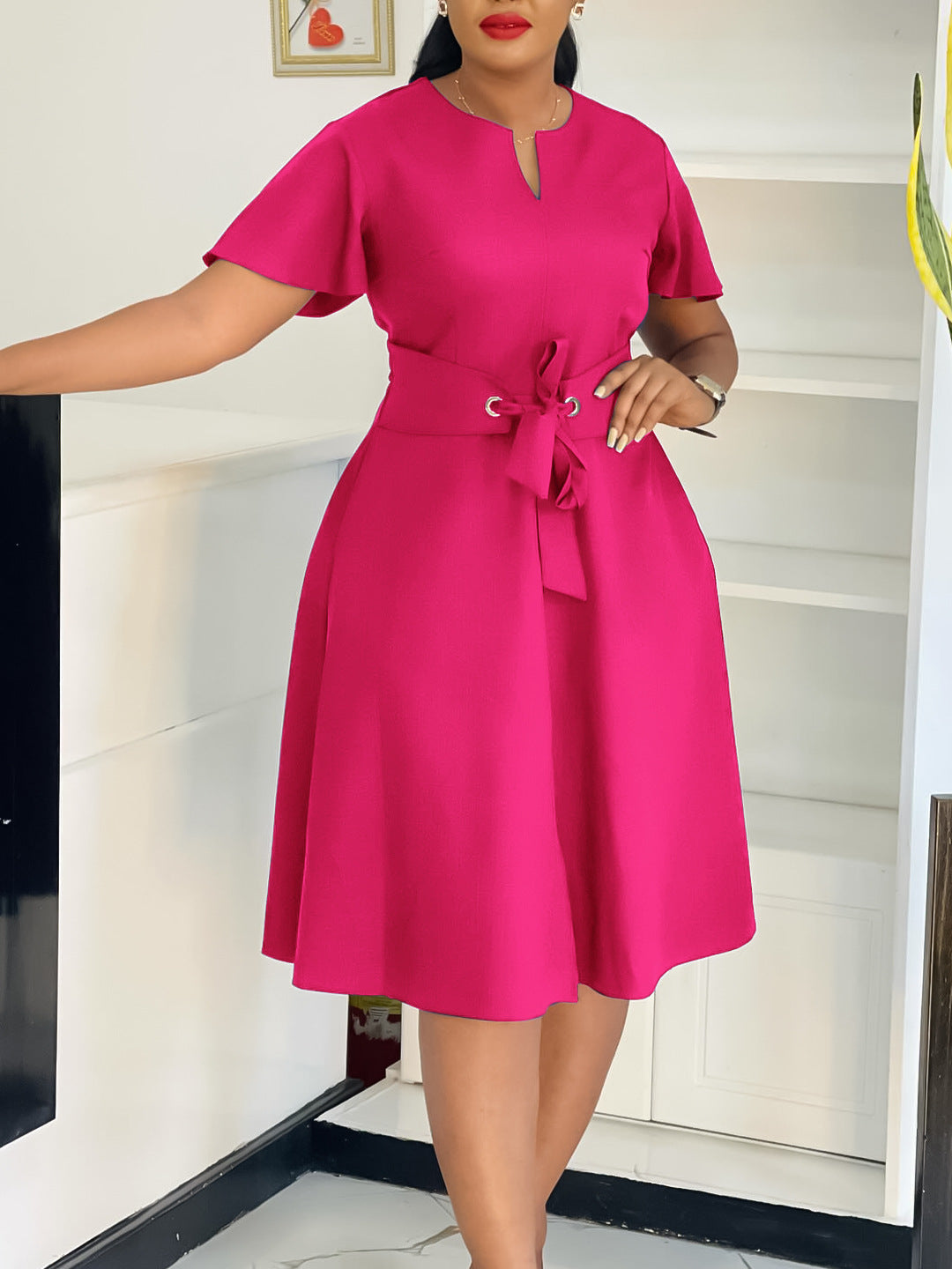Elegant Solid Color V-Neck A-Line Dress With Tie Detail