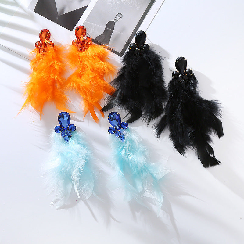 Feather Long Earrings with Rhinestones Stylish Geometry Design
