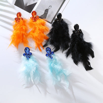 Feather Long Earrings with Rhinestones Stylish Geometry Design