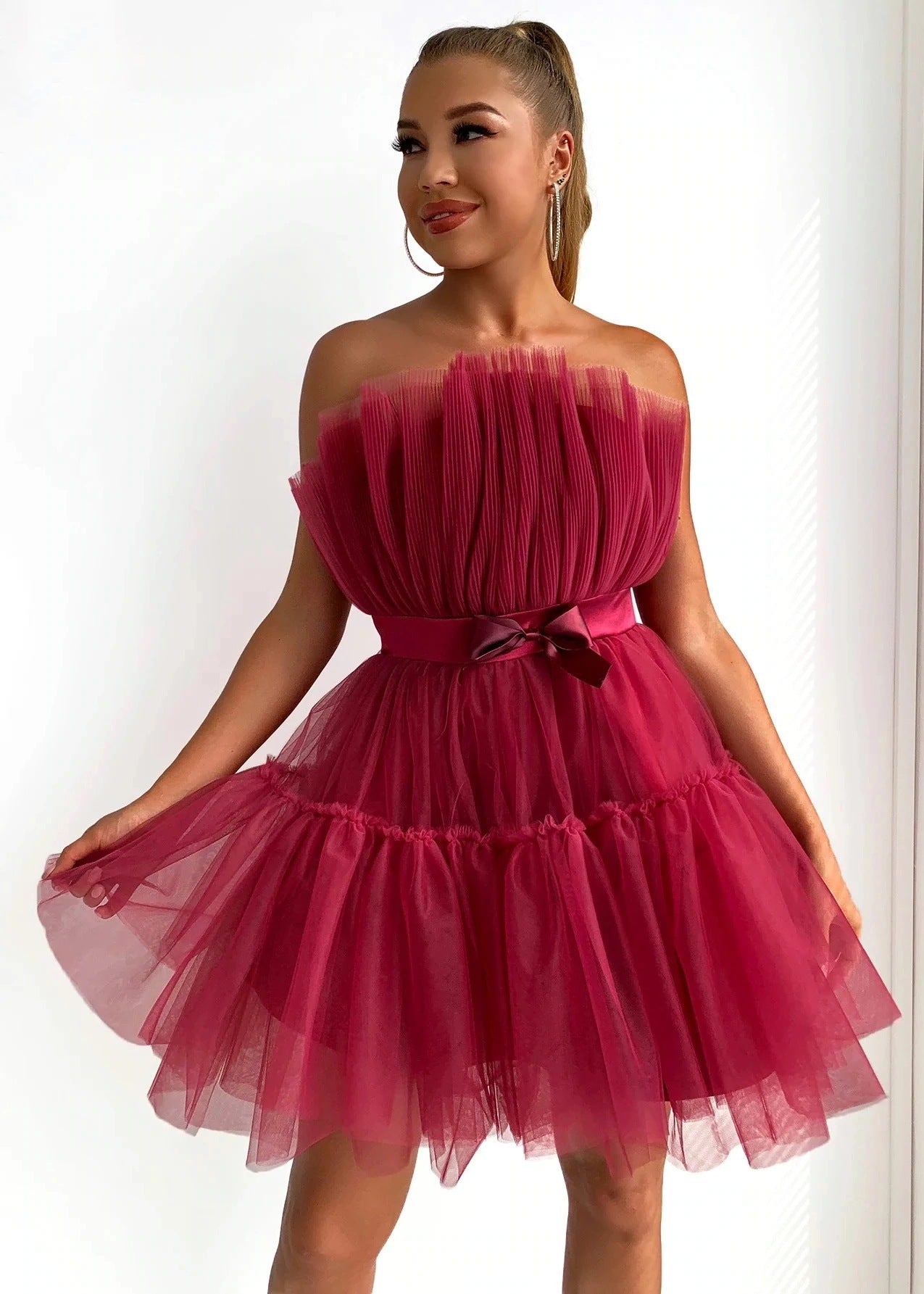 Strapless Tulle Bow Dress Elegant Flare Cocktail Dress