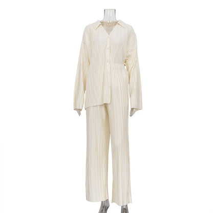 Trendy Solid Color Two-Piece Pants Set With Pleated Shirt
