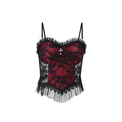 Dark Gothic Lace Cami Top with Cross Design