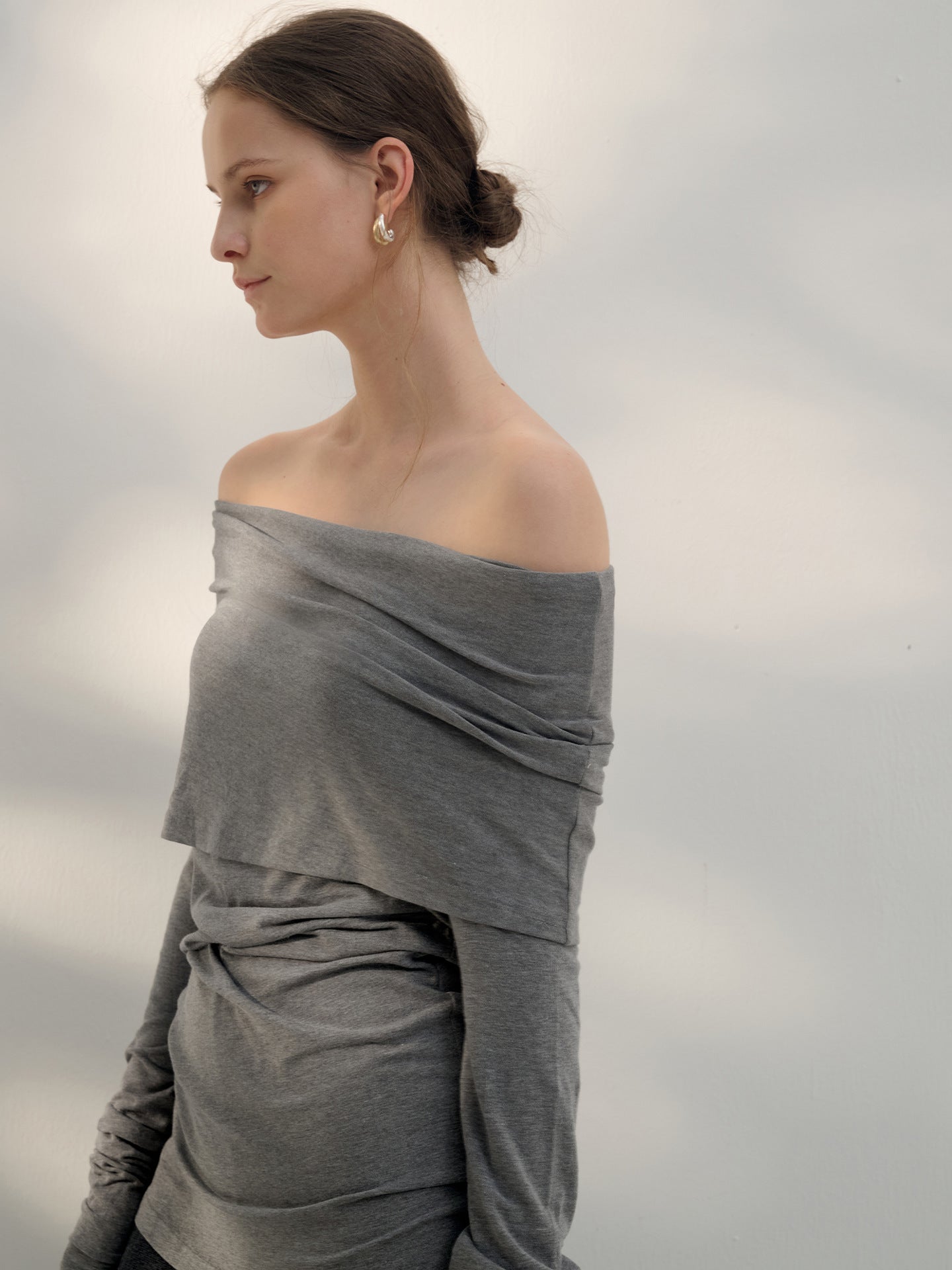French Off-Shoulder Long Sleeve Top Stylish Knitted T-Shirt