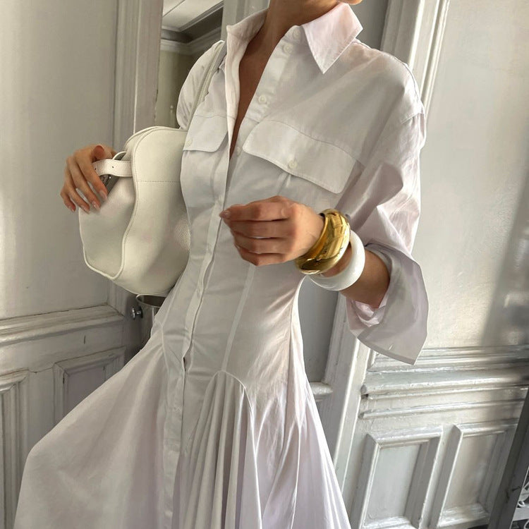 Elegant White Shirt Dress With Pleats And High Waist