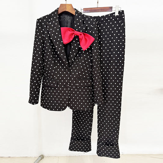 Polka Dot Blazer And Trousers Set With Bow Decoration