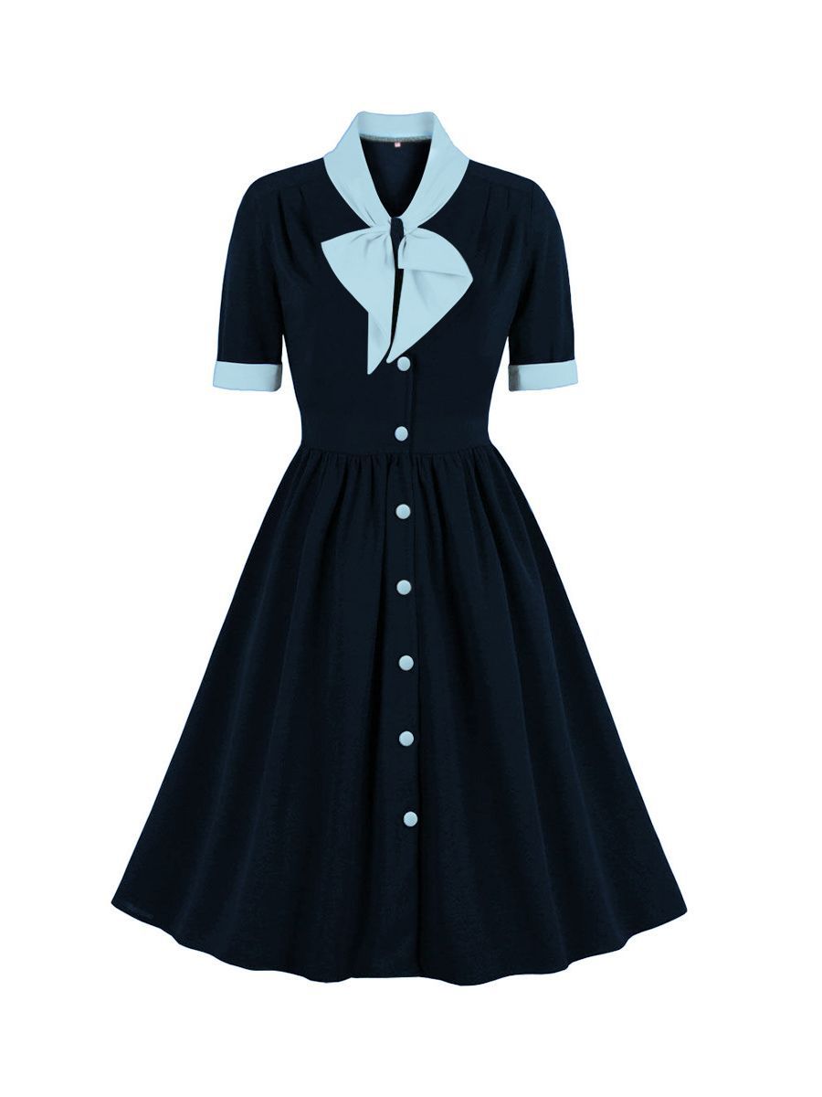 Vintage Style A-Line Dress with Bow, Polyester Fabric