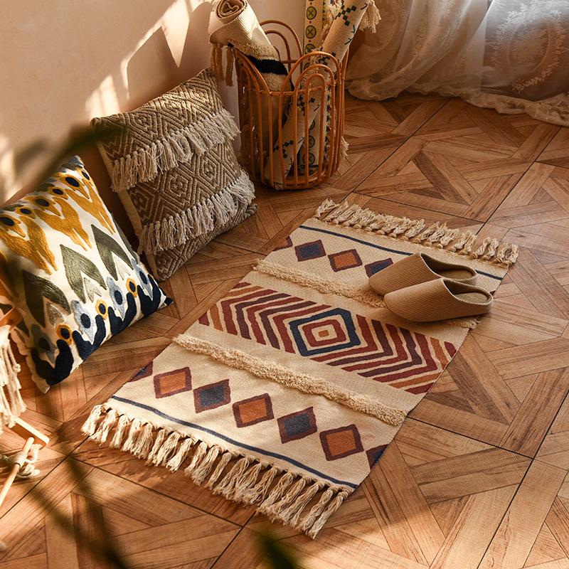 Nordic Style Cotton Tassel Woven Floor Mats Bedroom Bedside Mats Simple Modern Carpets