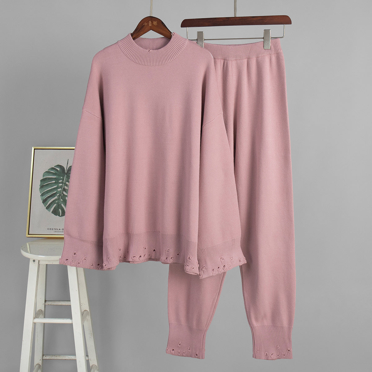 Ripped Sweater Set Women's Casual Knit Pants And Round Neck Sweater