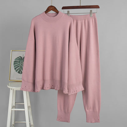 Ripped Sweater Set Women's Casual Knit Pants And Round Neck Sweater