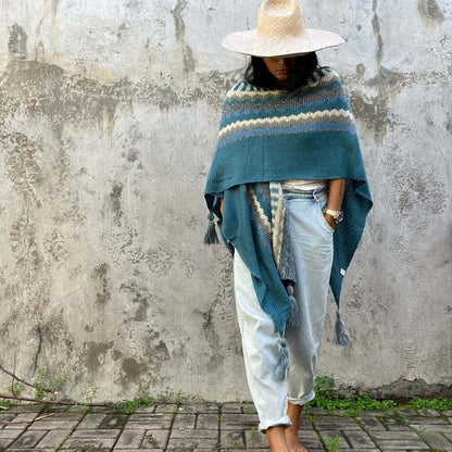 Striped Sweater Shawl Sleeveless Knit Cape Over Women'S Thick Blanket Coat