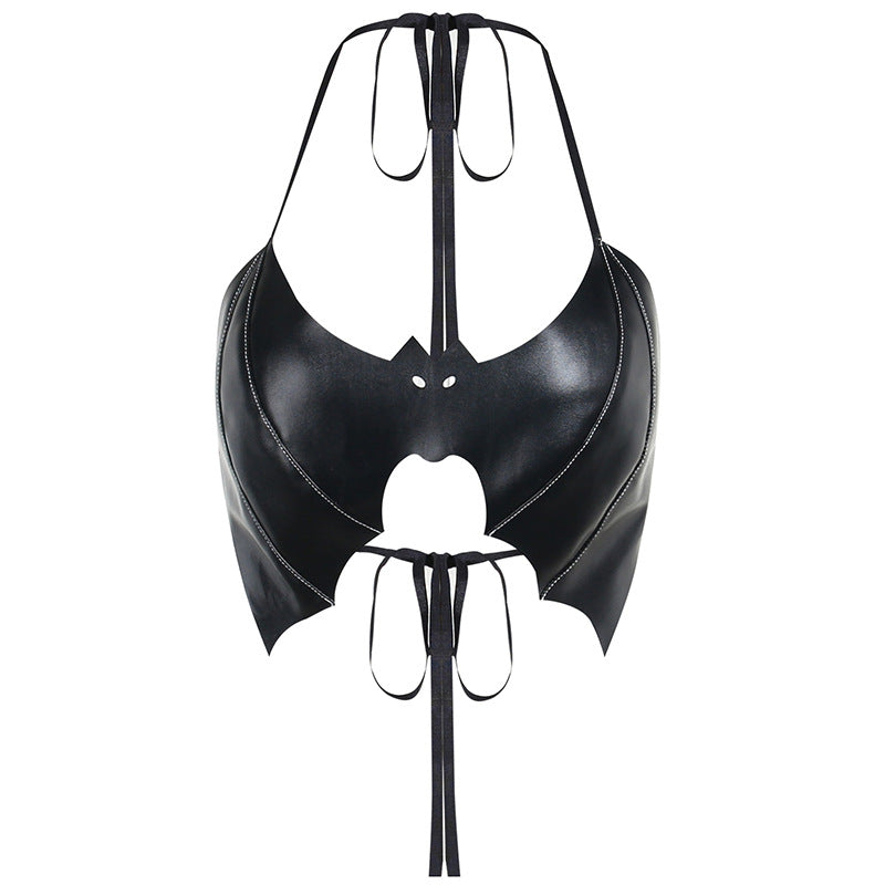 Sexy Halter Neck Backless Batwing Leather Tie Top
