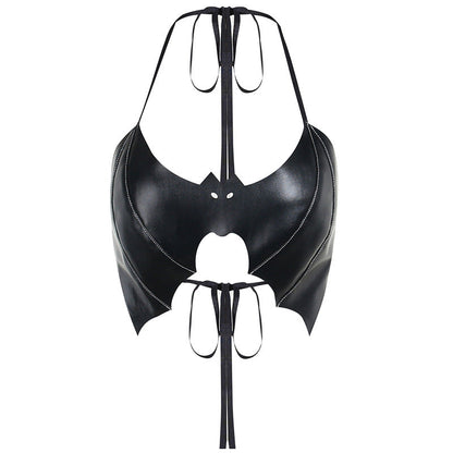 Sexy Halter Neck Backless Batwing Leather Tie Top