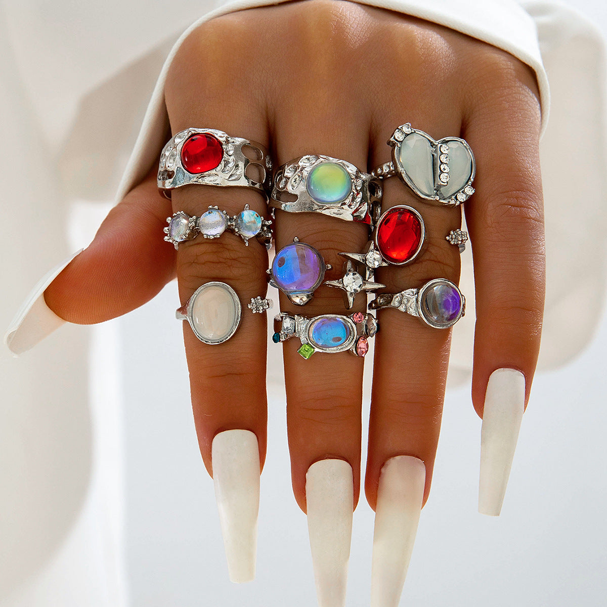 Heart Gemstone Ring Geometric Alloy Ring Set