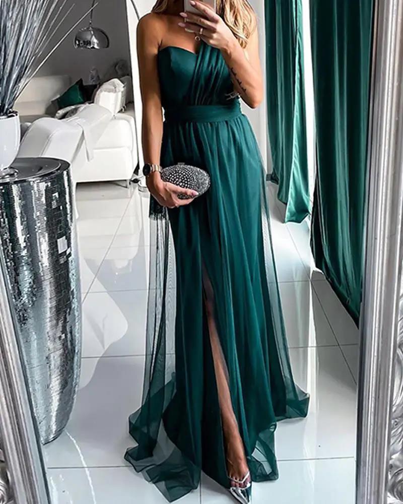 Elegant Green Maxi Dress Sleeveless V-Neck Evening Gown