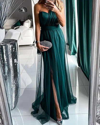 Elegant Green Maxi Dress Sleeveless V-Neck Evening Gown