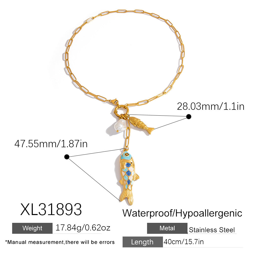 Stylish Fish Pendant Stainless Steel Necklace with 18K Gold Plating
