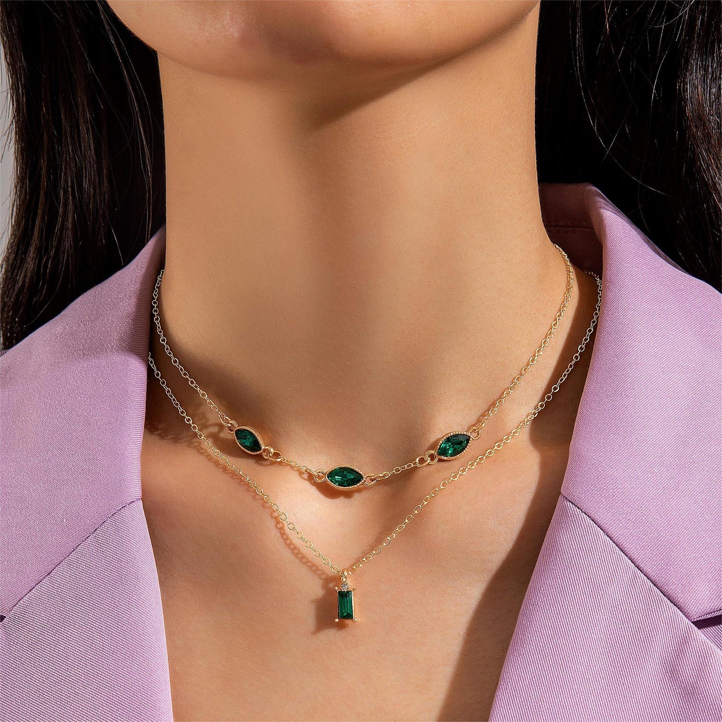 Emerald Green Butterfly Necklace With Layered Design And Heart Charm