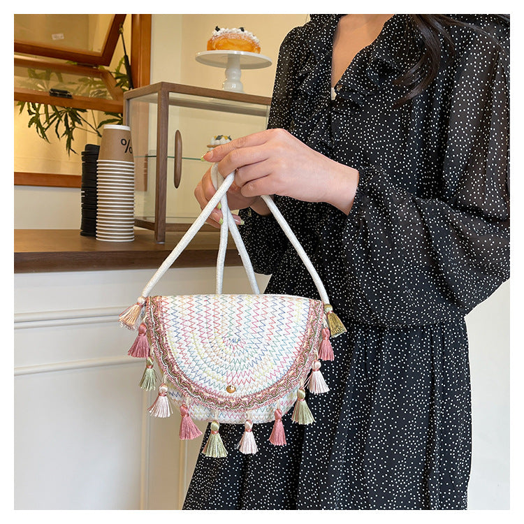 Trendy Woven Beach Bag with Tassels for Casual Use