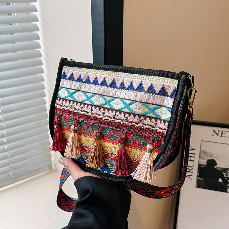 Woven Fringe Crossbody Bag Stylish Cotton Handbag
