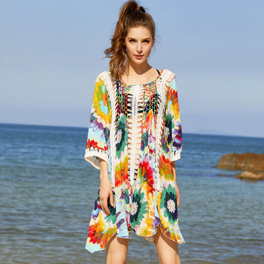 New Printed Hollow Sun Protection Loose And Thin Beach Dress