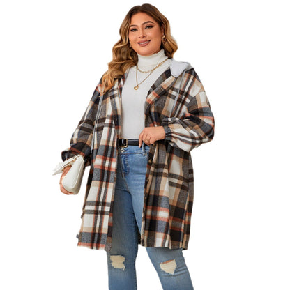 Plaid Hooded Long Coat For Plus Size Women